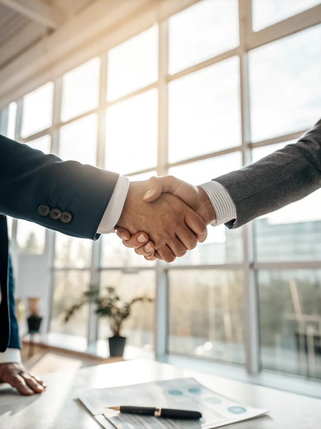 A business owner shaking hands with a vendor representative, symbolizing a successful partnership facilitated by Arcentra Inc.